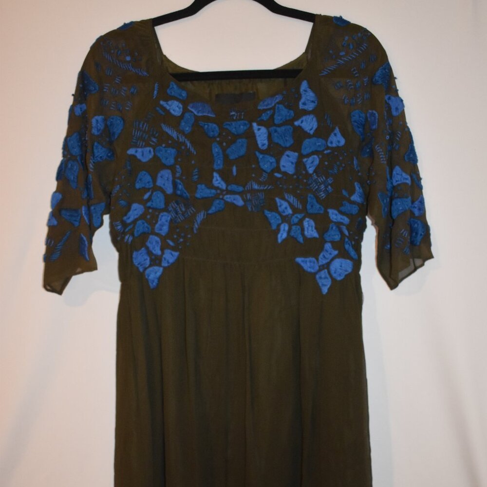 Cynthia Rowley Green Dress w/ Blue & Beaded Embroidery Size 10